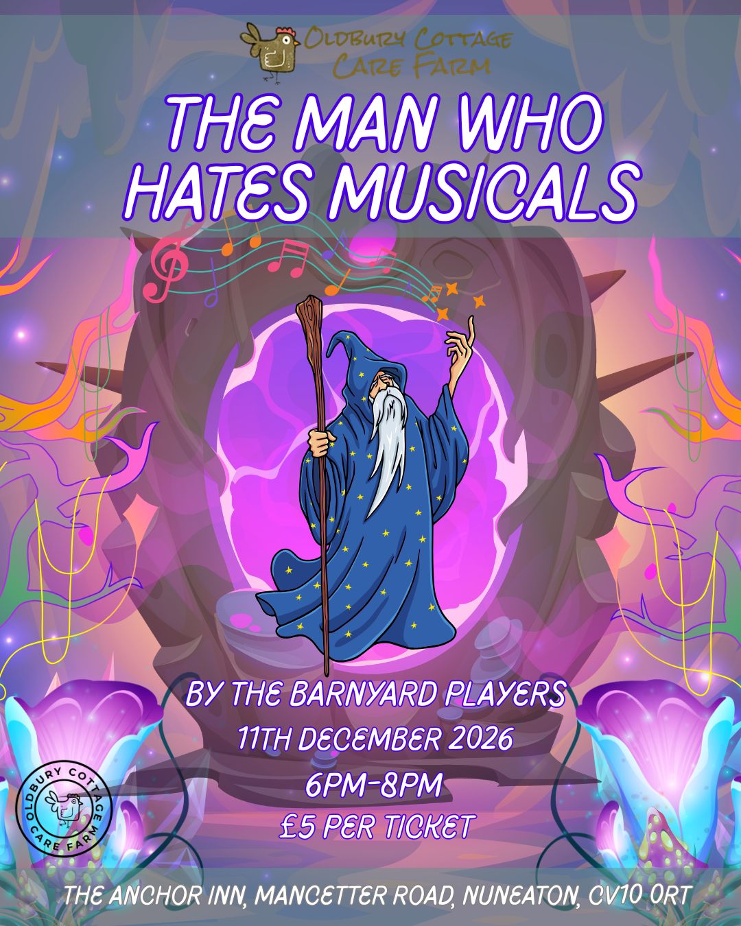 Poster for The Man Who Hates Musicals by The Barnyard Players, 11 December 2026 at The Anchor Inn in Nuneaton. Performance and ticket details are listed above.